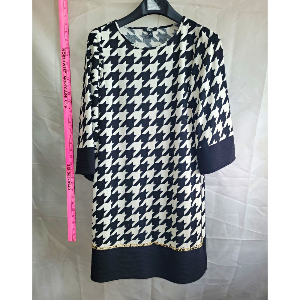 MSK Black White Houndstooth Knit Shift Stretch 3/4 Sleeve Round Neck Dress M